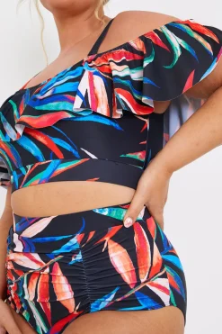 Online In the Style Control Ruched Detail Palm Print Bikini Bottom Black