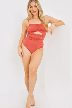 New In the Style Control Ruched Front Cut Out Swimsuit Rust