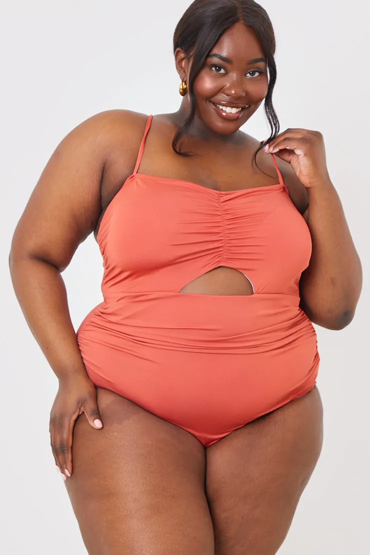 New In the Style Control Ruched Front Cut Out Swimsuit Rust