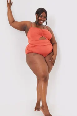 New In the Style Control Ruched Front Cut Out Swimsuit Rust