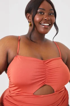 New In the Style Control Ruched Front Cut Out Swimsuit Rust