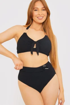 Best In the Style Control Textured Gold Bar Detail High Waisted Bikini Bottom Black