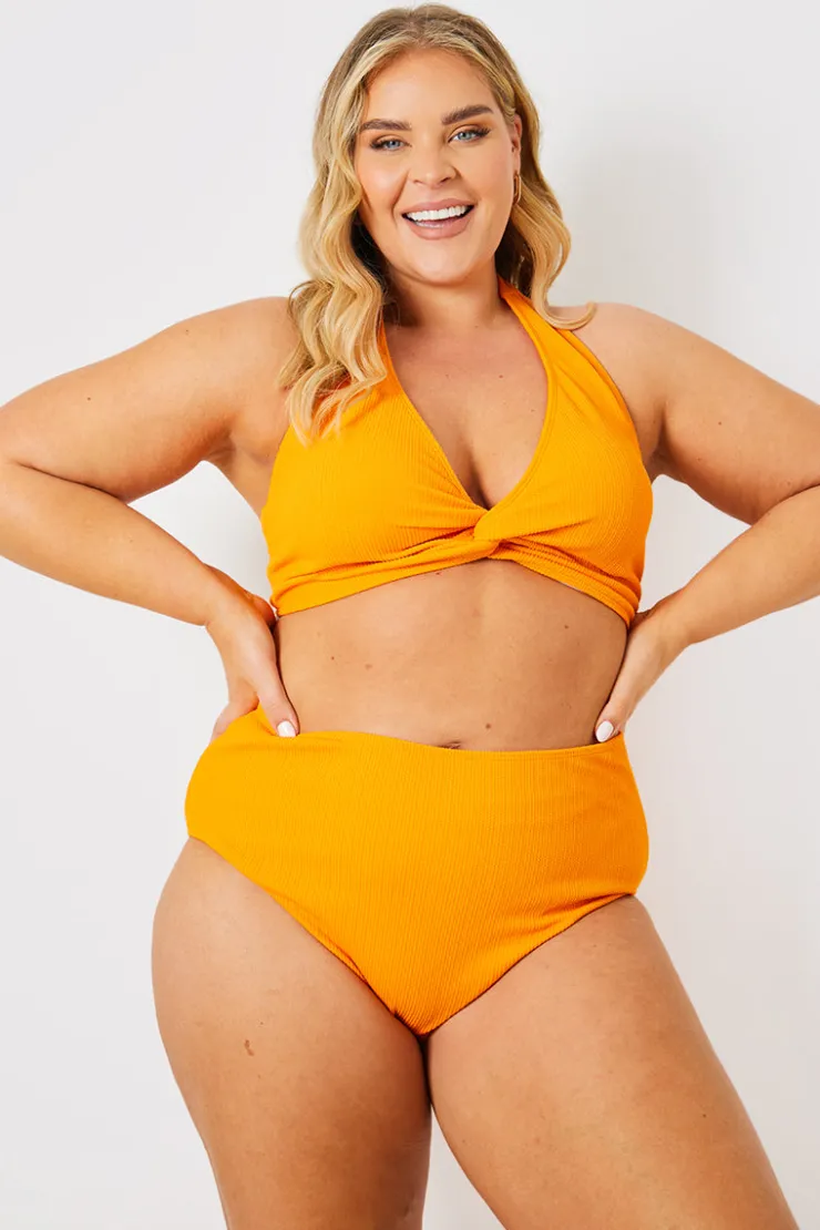 Online In the Style Control Textured High Waist Bikini Bottoms Orange
