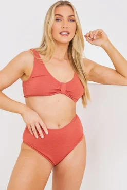 Hot In the Style Control Textured High Waist Bikini Bottoms Rust