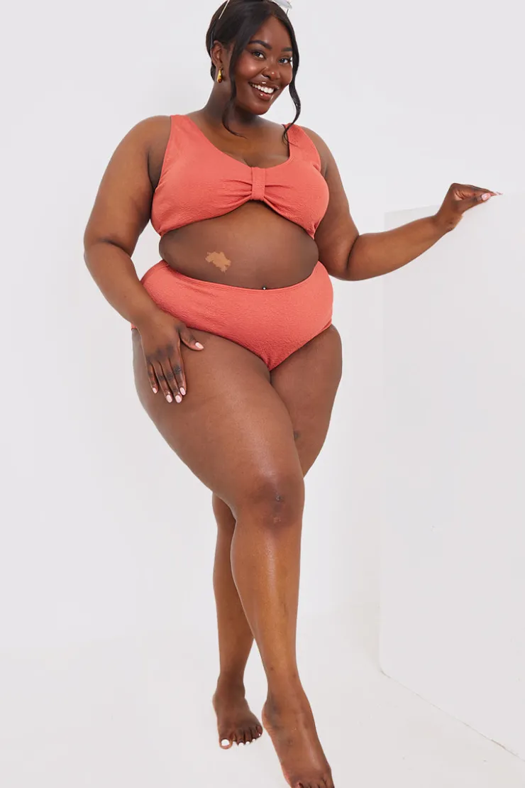 Hot In the Style Control Textured High Waist Bikini Bottoms Rust