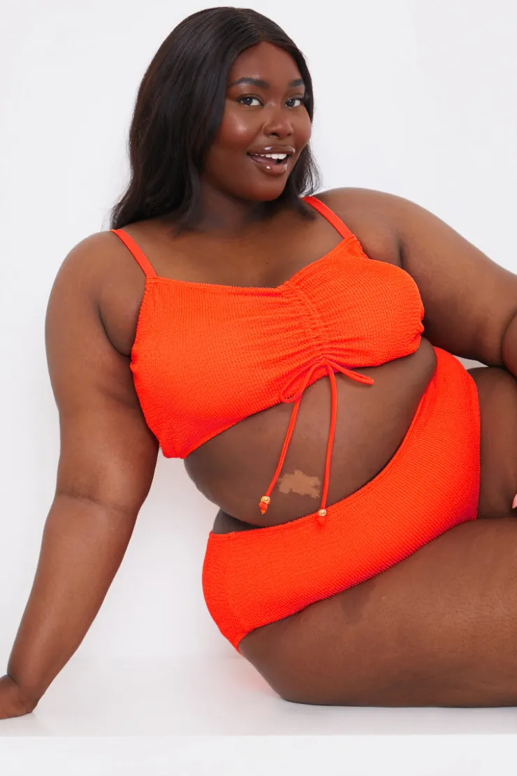 Best In the Style Control Textured High Waist Bikini Bottom Orange