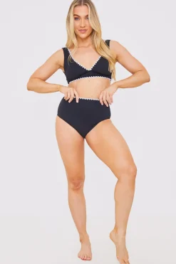 Discount In the Style Control Whipstitch Trim High Waist Bikini Bottoms Black