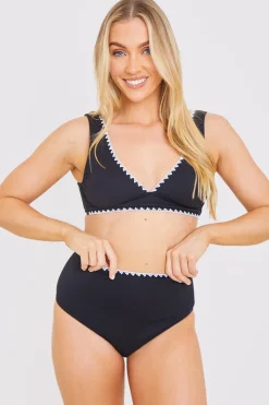 Discount In the Style Control Whipstitch Trim High Waist Bikini Bottoms Black