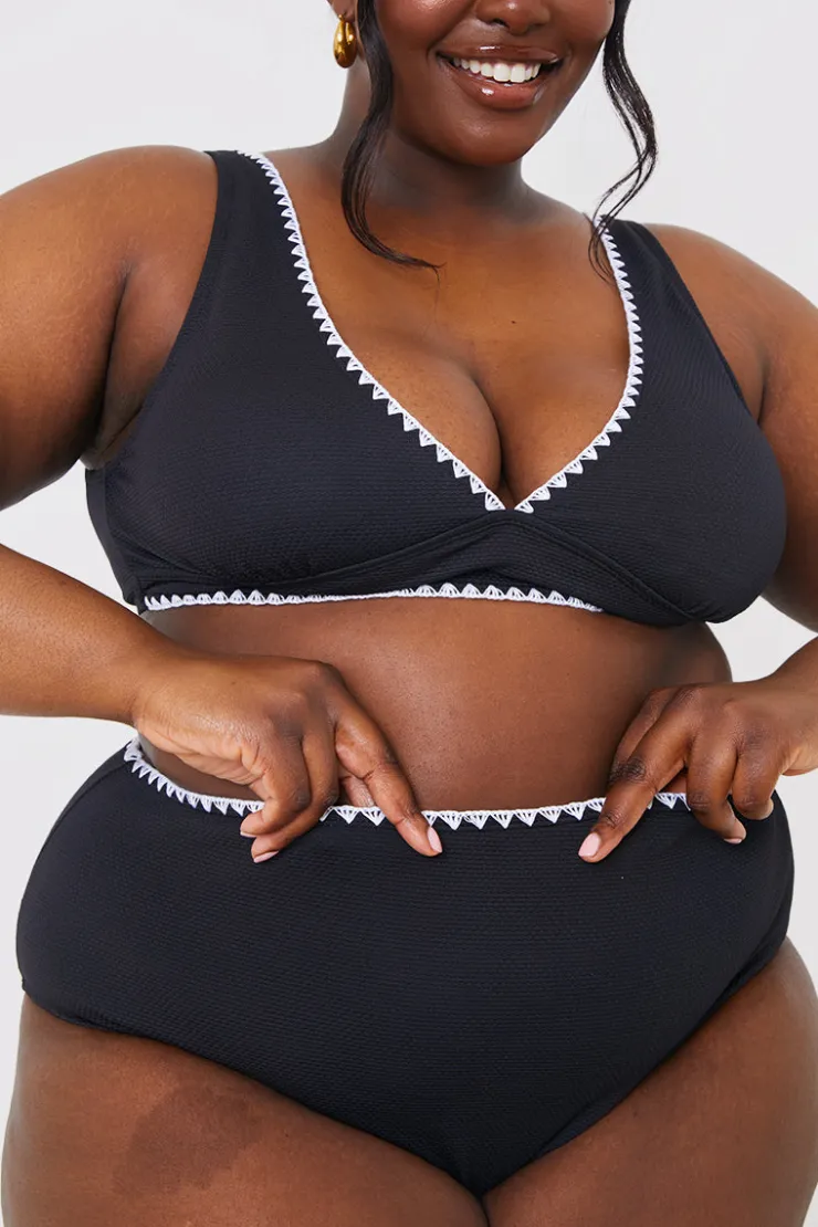 Discount In the Style Control Whipstitch Trim High Waist Bikini Bottoms Black