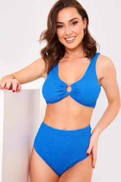 Sale Billie Faiers Controlled Textured Crinkle High Leg Bikini Bottoms Blue