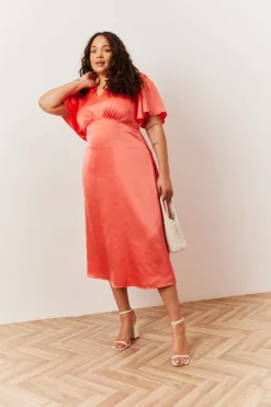 Sale In The Style Satin Flutter Sleeve Midaxi Slip Dress Coral