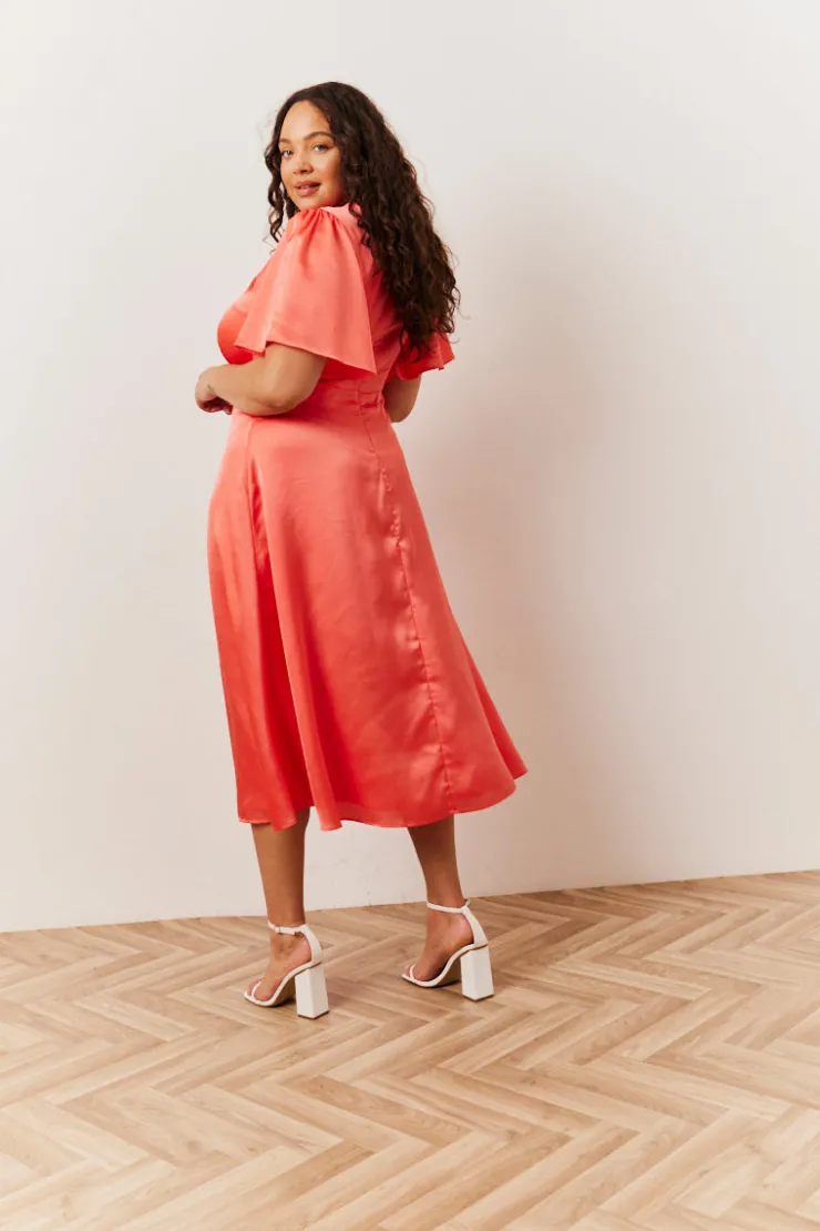 Sale In The Style Satin Flutter Sleeve Midaxi Slip Dress Coral