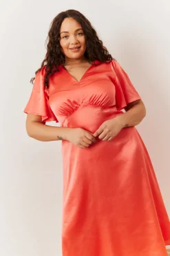 Sale In The Style Satin Flutter Sleeve Midaxi Slip Dress Coral