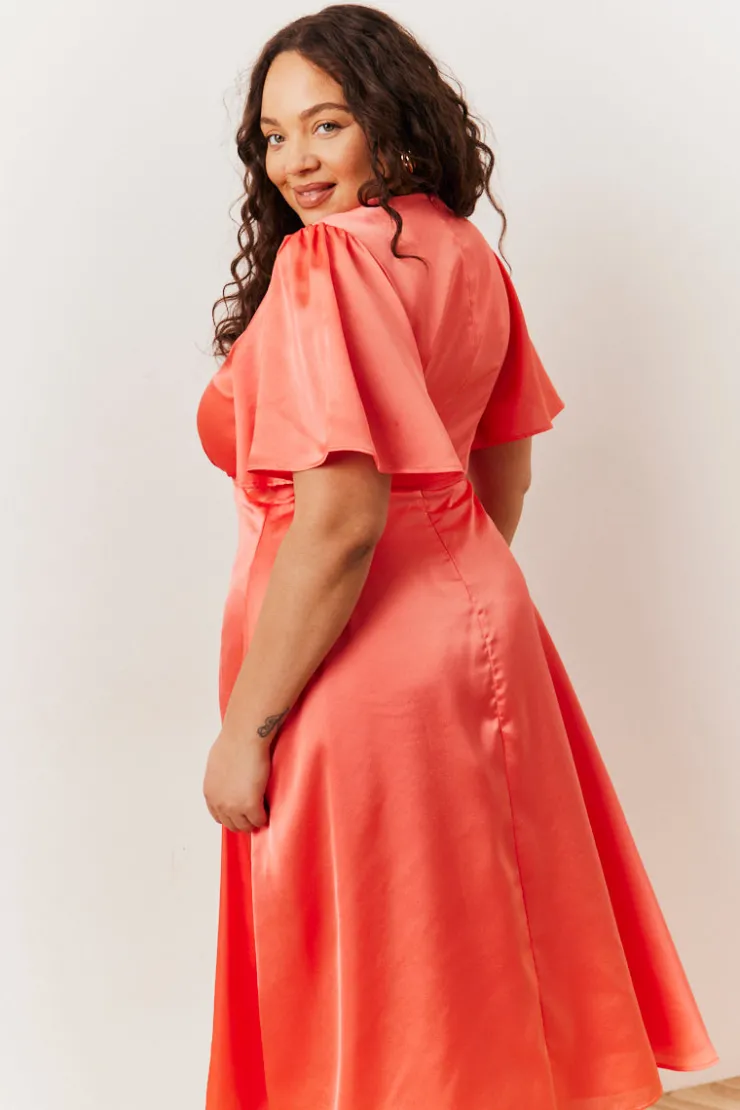 Sale In The Style Satin Flutter Sleeve Midaxi Slip Dress Coral