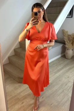 Sale In The Style Satin Flutter Sleeve Midaxi Slip Dress Coral