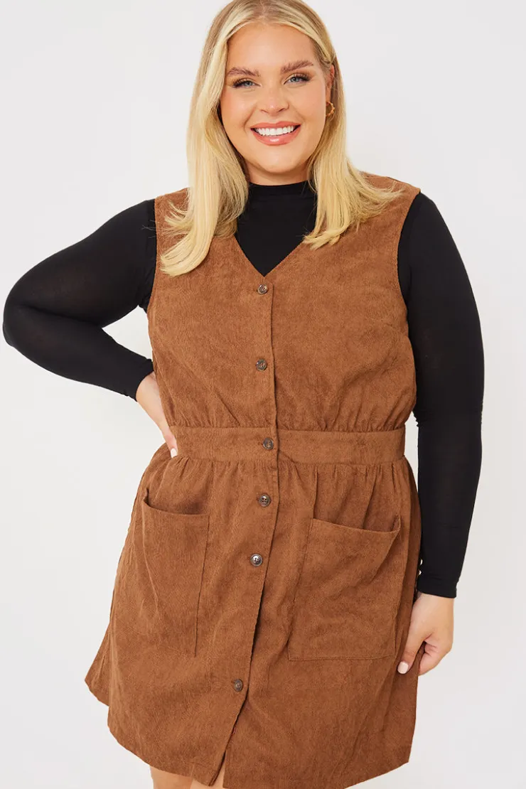 Best In the Style Corduroy Pinafore Dress Brown