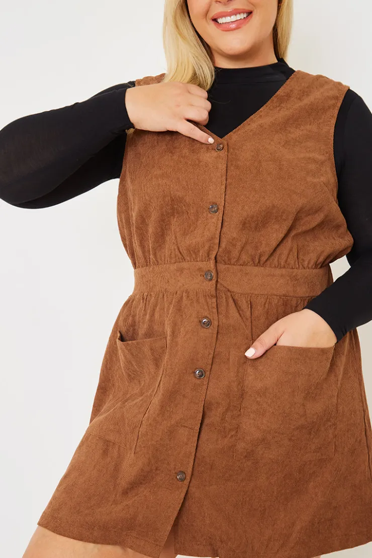 Best In the Style Corduroy Pinafore Dress Brown