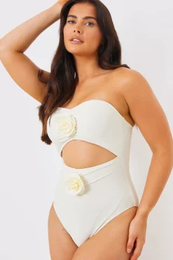Discount In the Style Corsage Detail Bandeau Swimsuit Cream