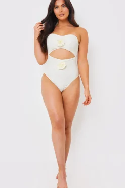 Discount In the Style Corsage Detail Bandeau Swimsuit Cream
