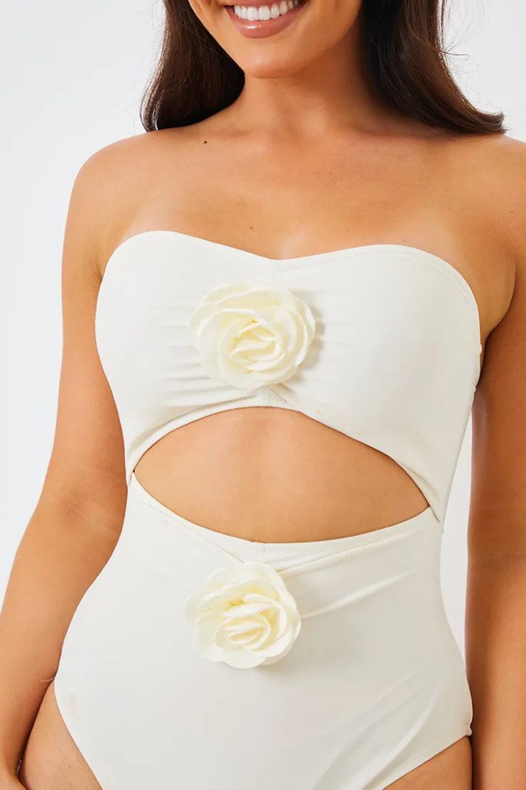 Discount In the Style Corsage Detail Bandeau Swimsuit Cream
