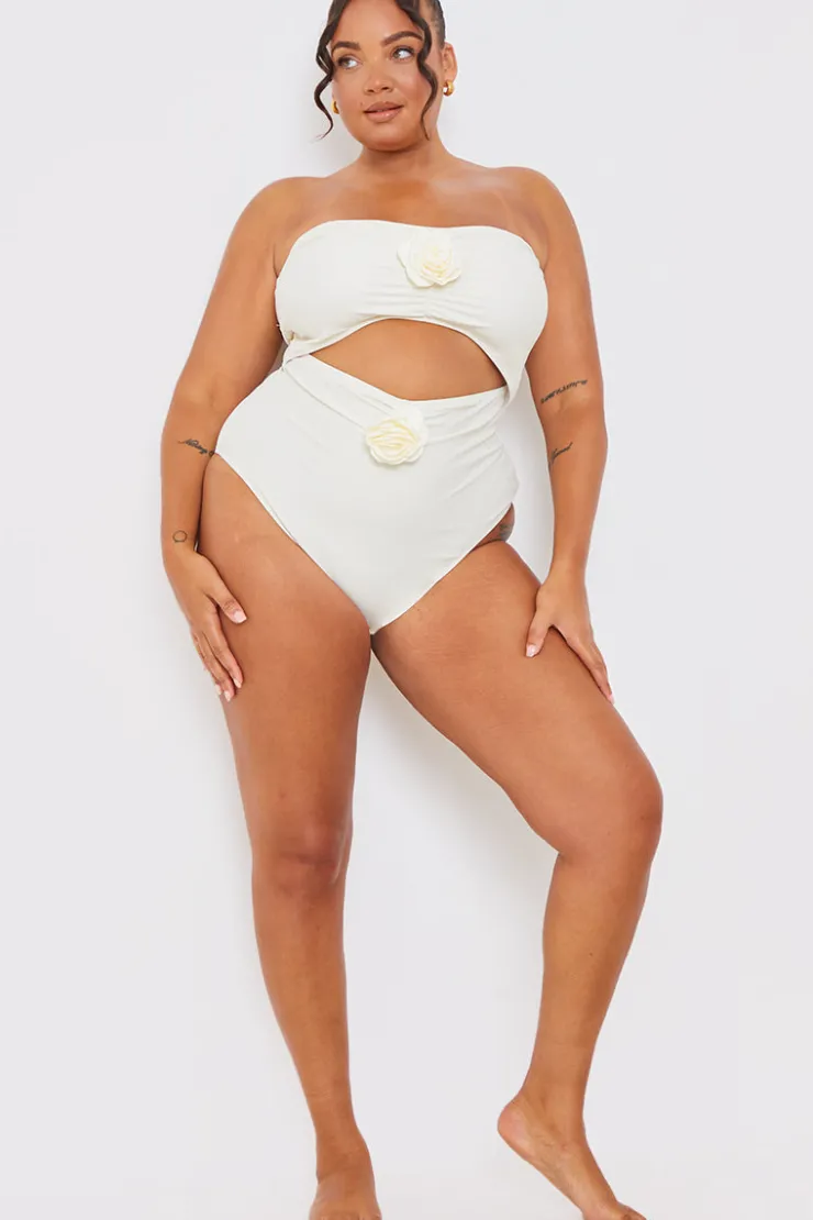 Discount In the Style Corsage Detail Bandeau Swimsuit Cream