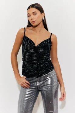 Discount In the Style Cowl Neck Hotfix Camisole Top Black