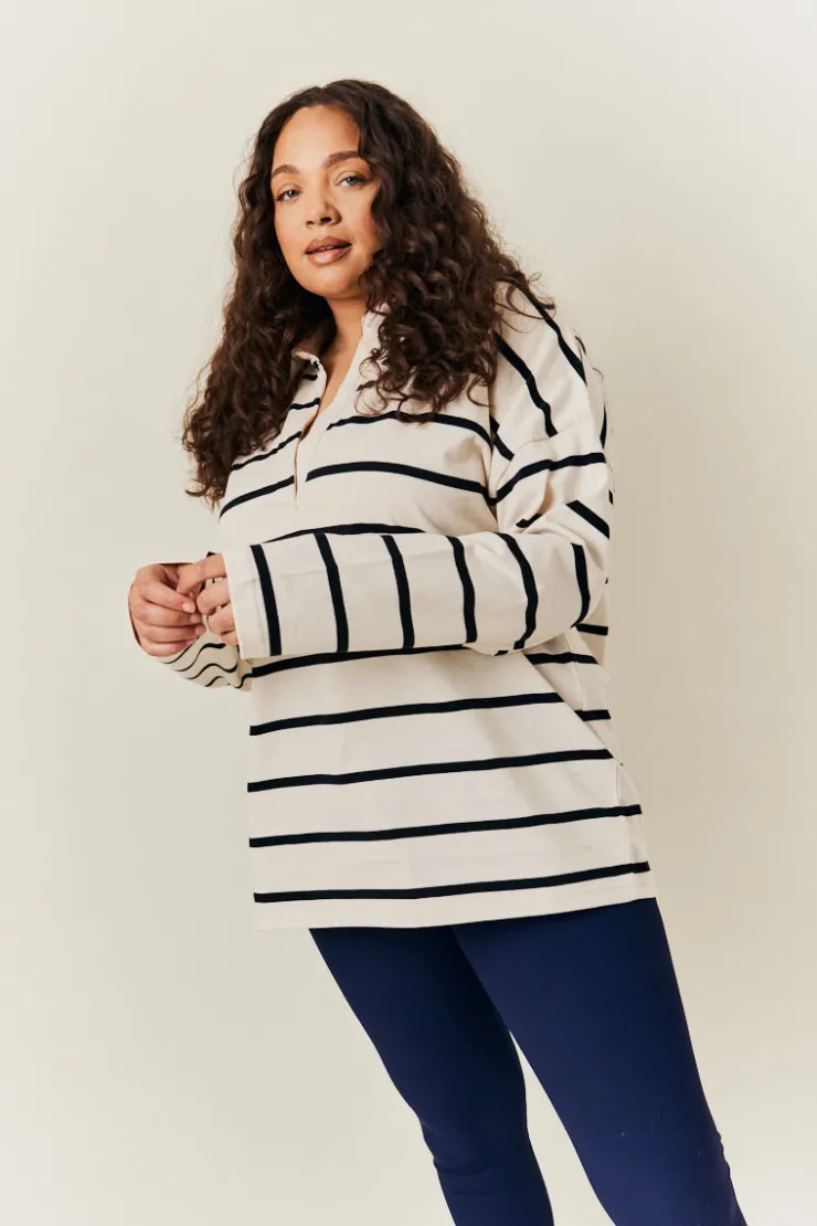 Best In The Style Cream & Black 90's Stripe Long Sleeve Rugby Shirt Multi