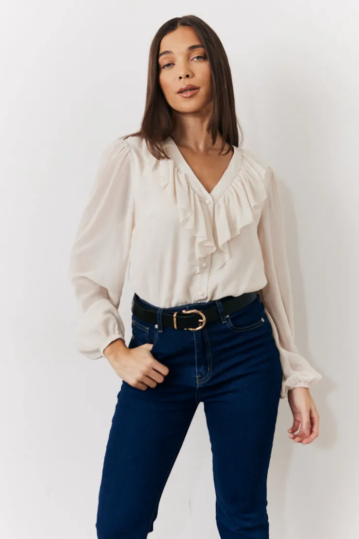 Outlet In the Style Button Front Frill Bodysuit Cream