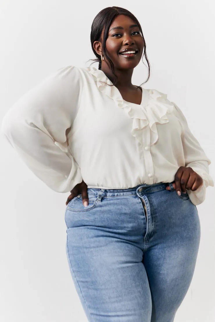 Outlet In the Style Button Front Frill Bodysuit Cream