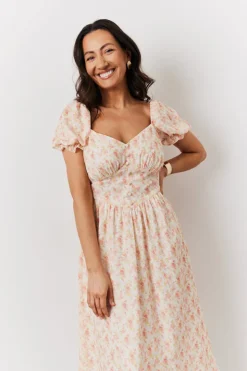 Online In The Style Cream Floral Print Puff Sleeve Milkmaid Midi Dress Multi