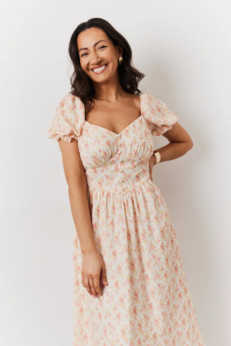 Online In The Style Cream Floral Print Puff Sleeve Milkmaid Midi Dress Multi
