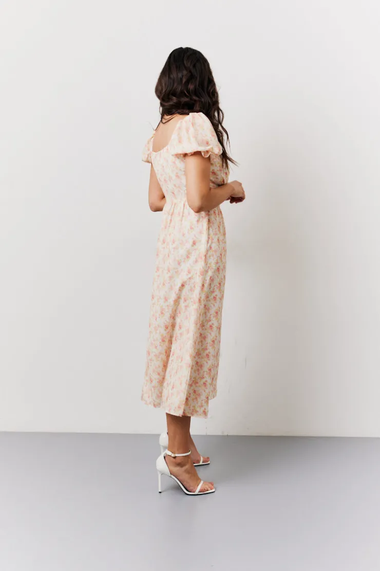 Online In The Style Cream Floral Print Puff Sleeve Milkmaid Midi Dress Multi