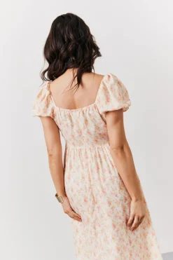 Online In The Style Cream Floral Print Puff Sleeve Milkmaid Midi Dress Multi