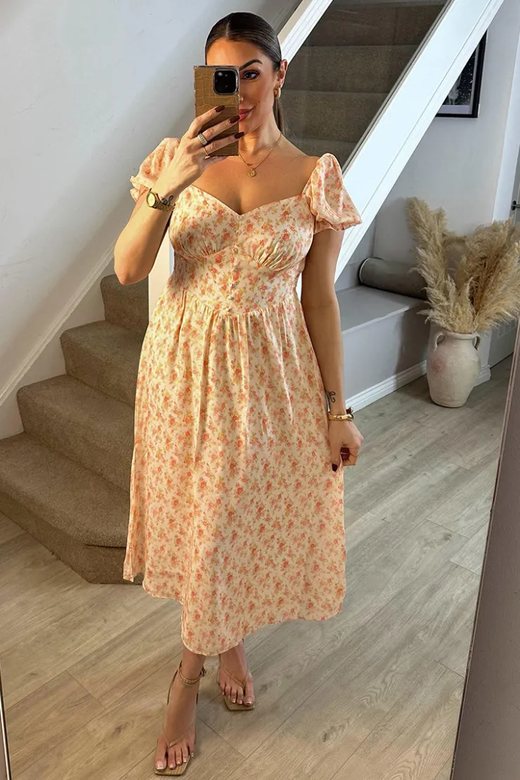 Online In The Style Cream Floral Print Puff Sleeve Milkmaid Midi Dress Multi