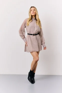 Discount In the Style Geometric Print Chiffon High Neck Mini Swing Dress Cream