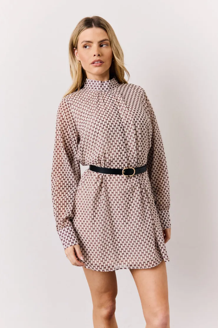 Discount In the Style Geometric Print Chiffon High Neck Mini Swing Dress Cream