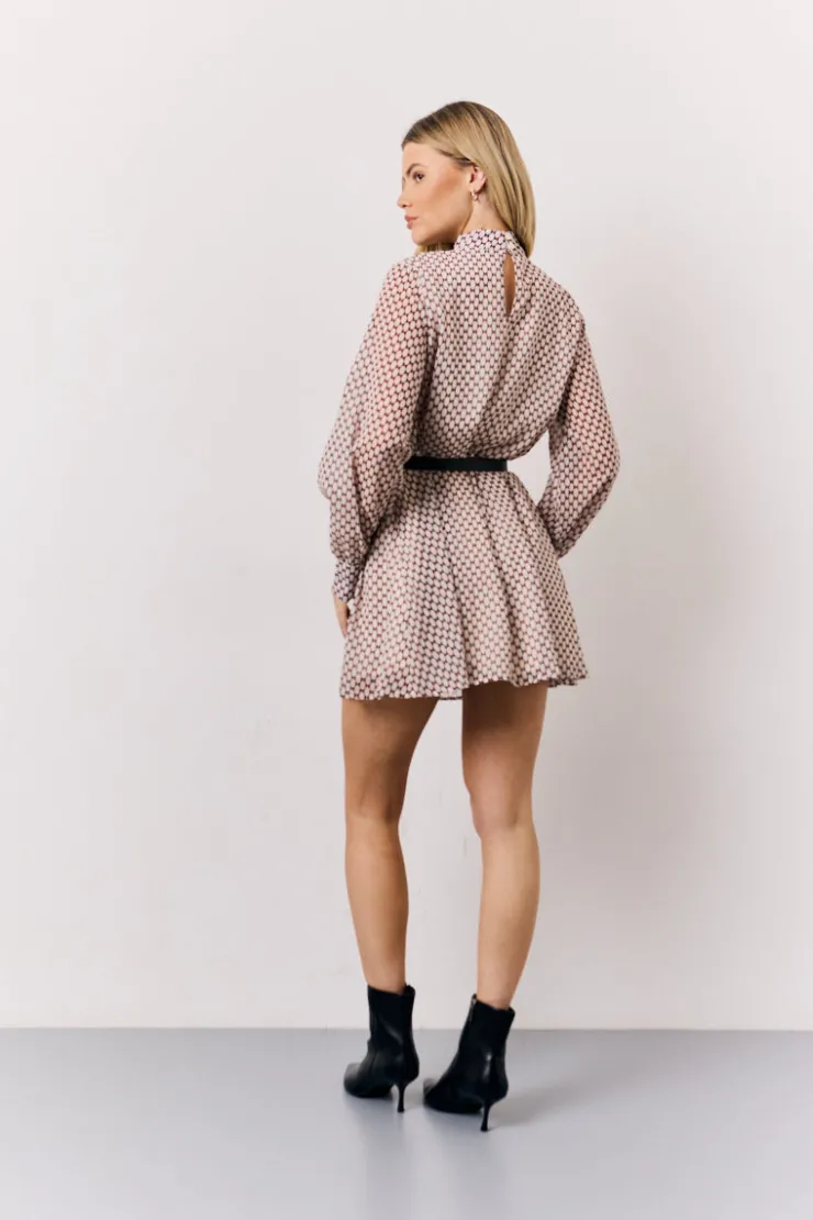 Discount In the Style Geometric Print Chiffon High Neck Mini Swing Dress Cream
