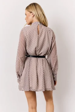Discount In the Style Geometric Print Chiffon High Neck Mini Swing Dress Cream