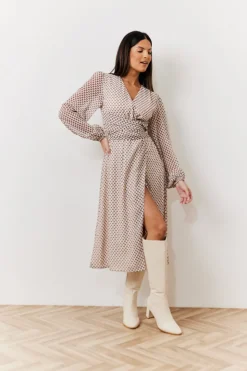 Outlet In the Style Cream Geometric Print Chiffon Balloon Sleeve Wrap Midi Dress Brown