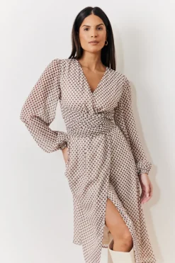 Outlet In the Style Cream Geometric Print Chiffon Balloon Sleeve Wrap Midi Dress Brown
