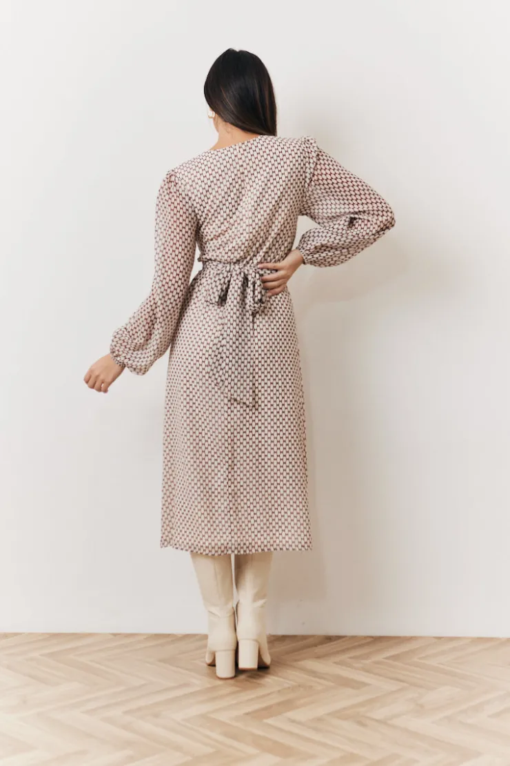 Outlet In the Style Cream Geometric Print Chiffon Balloon Sleeve Wrap Midi Dress Brown