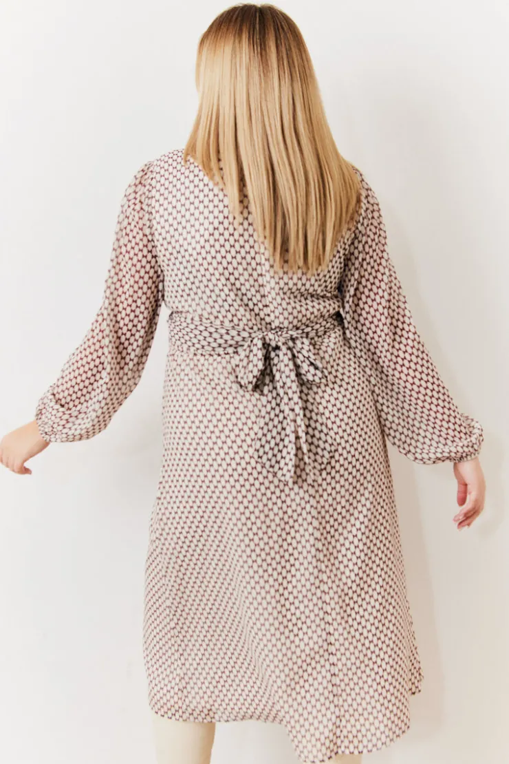 Outlet In the Style Cream Geometric Print Chiffon Balloon Sleeve Wrap Midi Dress Brown