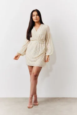 Sale In the Style Gold Fleck Detail Belted Mini Dress Cream