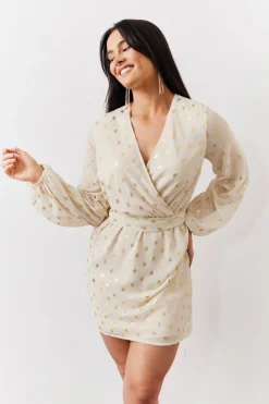 Sale In the Style Gold Fleck Detail Belted Mini Dress Cream
