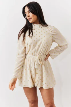 Sale In the Style Gold Fleck Detail High Neck Belted Playsuit Cream