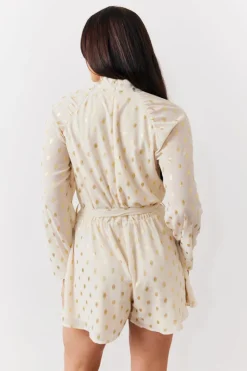 Sale In the Style Gold Fleck Detail High Neck Belted Playsuit Cream