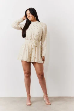 Sale In the Style Gold Fleck Detail High Neck Belted Playsuit Cream