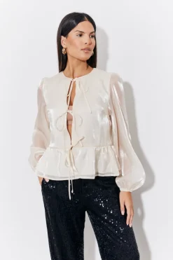 Discount In the Style Organza Tie Front Puff Sleeve Top Cream