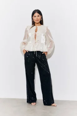 Discount In the Style Organza Tie Front Puff Sleeve Top Cream