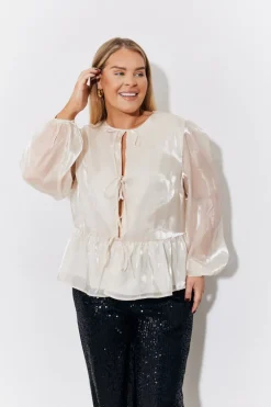 Discount In the Style Organza Tie Front Puff Sleeve Top Cream
